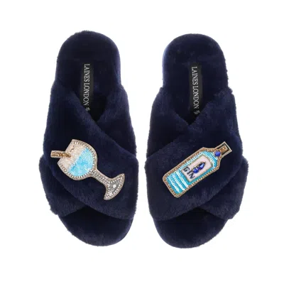Laines London Women's Blue Classic Laines Slippers With Sapphire Gin Brooches - Navy