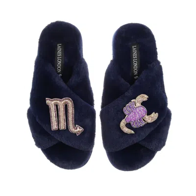 Laines London Women's Blue Classic Laines Slippers With Scorpio Zodiac Brooches - Navy
