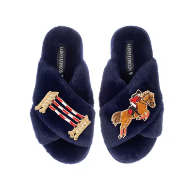 Laines London Women's Blue Classic Laines Slippers With Show Jump Horse Brooches - Navy