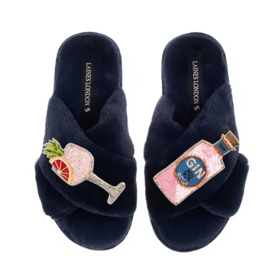 Laines London Women's Blue Classic Laines Slippers With Sicilian Pink & Grapefruit Gin Brooches - Navy