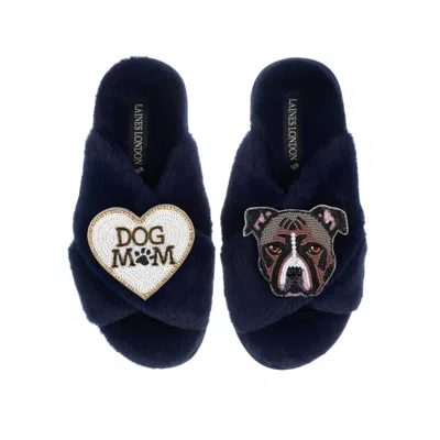 Laines London Women's Blue Classic Laines Slippers With Staffy & Dog Mum / Mom Brooches - Navy