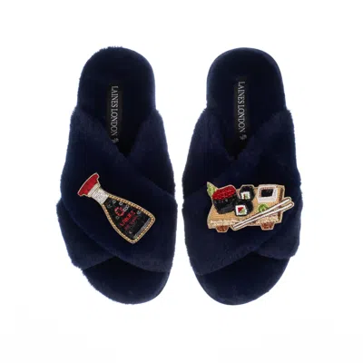Laines London Women's Blue Classic Laines Slippers With Sushi & Soy Sauce Brooches - Navy