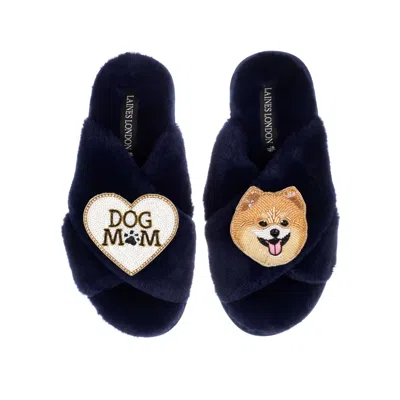 Laines London Women's Blue Classic Laines Slippers With Teddy The Pomeranian & Dog Mum / Mom Brooches - Navy