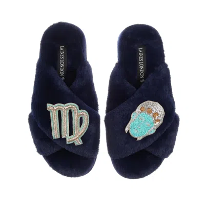 Laines London Women's Blue Classic Laines Slippers With Virgo Zodiac Brooches - Navy