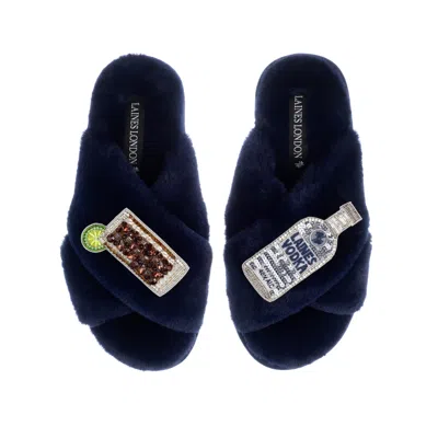Laines London Women's Blue Classic Laines Slippers With Vodka & Coke Brooches - Navy