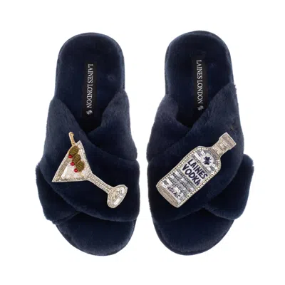 Laines London Women's Blue Classic Laines Slippers With Vodka Martini Brooches - Navy