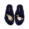 Laines London Women's Blue Classic Laines Slippers With White Foxglove Flowers & Duck Brooches - Navy In Blue