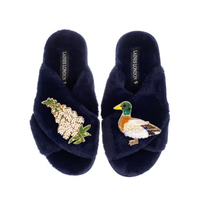 Laines London Women's Blue Classic Laines Slippers With White Foxglove Flowers & Duck Brooches - Navy