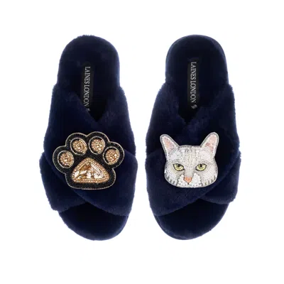 Laines London Women's Blue Classic Laines Slippers With White Lily Cat & Paw Brooch - Navy