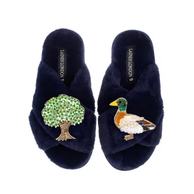 Laines London Women's Blue Classic Laines Slippers With White Oak Tree & Duck Brooches - Navy
