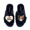Laines London Women's Blue Classic Slippers With Cat Mum/mom & Domestic Shorthair Calico Cat Brooches - Navy In Blue