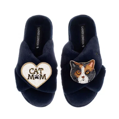 Laines London Women's Blue Classic Slippers With Cat Mum/mom & Domestic Shorthair Calico Cat Brooches - Navy