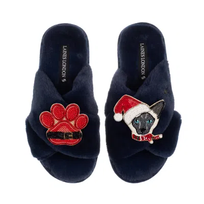 Laines London Women's Blue Classic Slippers With Christmas Black & White Siamese Cat & Paw Brooches - Navy