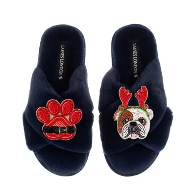 Laines London Women's Blue Classic Slippers With Christmas British Bulldog & Paw Brooches - Navy