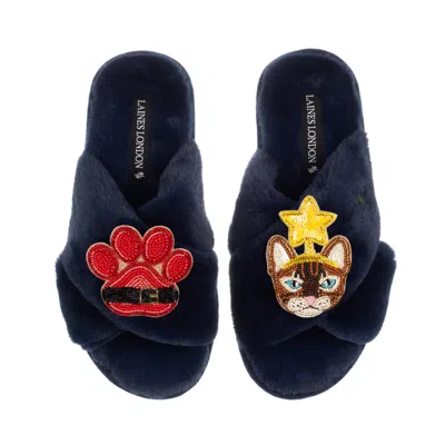 Laines London Women's Blue Classic Slippers With Christmas Brown/orange Tabby Cat & Paw Brooches - Navy