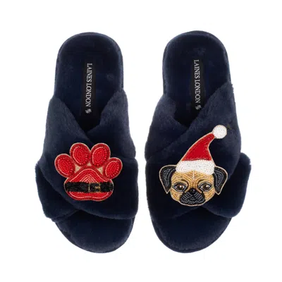 Laines London Women's Blue Classic Slippers With Christmas Fawn Pug & Paw Brooches - Navy