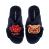 Laines London Women's Blue Classic Slippers With Christmas Golden British Shorthair Cat & Paw Brooches - Navy In Blue
