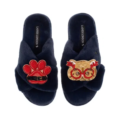 Laines London Women's Blue Classic Slippers With Christmas Golden British Shorthair Cat & Paw Brooches - Navy