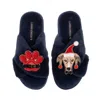 Laines London Women's Blue Classic Slippers With Christmas Greyhound & Paw Brooches - Navy In Blue