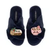 Laines London Women's Blue Classic Slippers With Christmas Laines Lovable Yule Log & Hot Chocolate Brooches - Navy In Blue