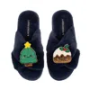 Laines London Women's Blue Classic Slippers With Christmas Laines Lovables Pudding & Tree Brooches - Navy In Blue