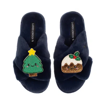 Laines London Women's Blue Classic Slippers With Christmas Laines Lovables Pudding & Tree Brooches - Navy