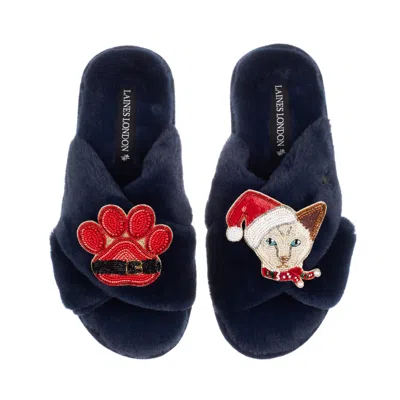 Laines London Women's Blue Classic Slippers With Christmas White Siamese Cat & Paw Brooches - Navy
