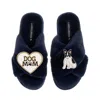 Laines London Women's Blue Classic Slippers With Dog Mum/mom & Black/white Sitting French Bulldog Brooches - Navy In Blue