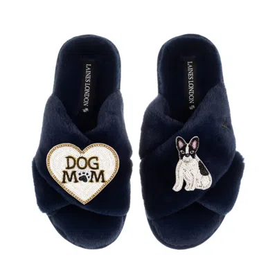 Laines London Women's Blue Classic Slippers With Dog Mum/mom & Black/white Sitting French Bulldog Brooches - Navy