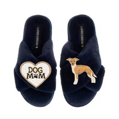 Laines London Women's Blue Classic Slippers With Dog Mum/mom & Fawn & White Italian Greyhound Brooches - Navy