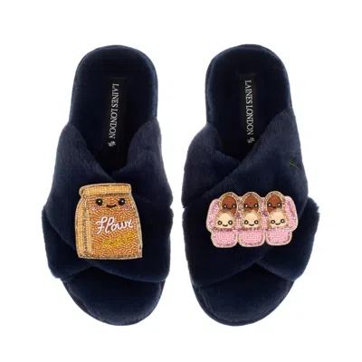 Laines London Women's Blue Classic Slippers With Laines Lovables Eggs & Flour Brooches - Navy