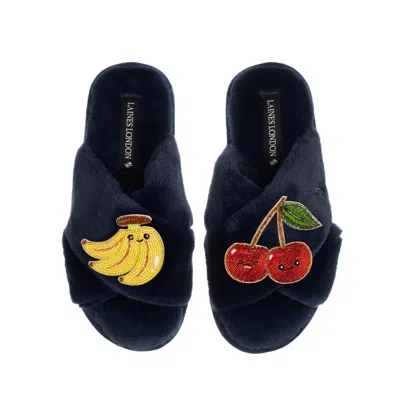 Laines London Women's Blue Classic Slippers With Laines Loveables Banana & Cherry Brooches - Navy