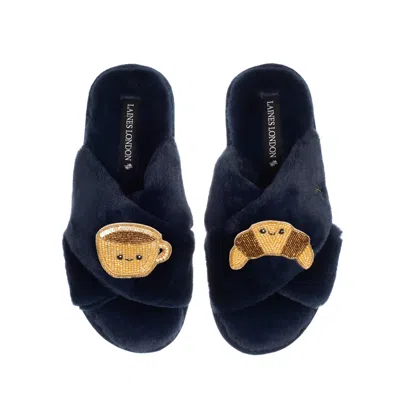 Laines London Women's Blue Classic Slippers With Laines Loveables Coffee & Croissant Brooches - Navy