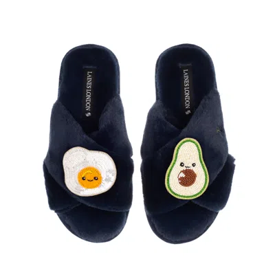 Laines London Women's Blue Classic Slippers With Laines Loveables Egg & Avocado Brooches - Navy