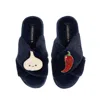 Laines London Women's Blue Classic Slippers With Laines Loveables Garlic & Chilli Brooches - Navy In Blue