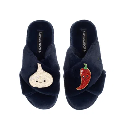 Laines London Women's Blue Classic Slippers With Laines Loveables Garlic & Chilli Brooches - Navy
