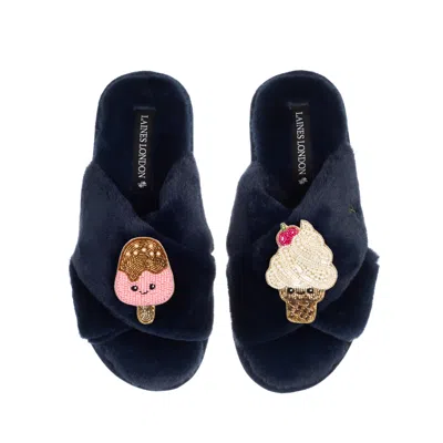 Laines London Women's Blue Classic Slippers With Laines Loveables Ice Lolly & Ice Cream Brooches - Navy