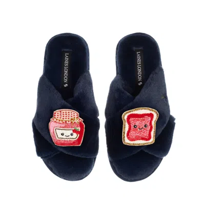 Laines London Women's Blue Classic Slippers With Laines Loveables Jam & Toast Brooches - Navy