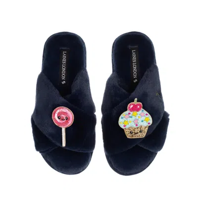 Laines London Women's Blue Classic Slippers With Laines Loveables Lollipop & Cupcake Brooches - Navy