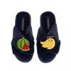 Laines London Women's Blue Classic Slippers With Laines Loveables Watermelon & Banana Brooches - Navy In Blue
