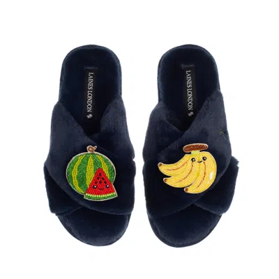 Laines London Women's Blue Classic Slippers With Laines Loveables Watermelon & Banana Brooches - Navy