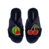 Laines London Women's Blue Classic Slippers With Laines Loveables Watermelon & Cherry Brooches - Navy In Blue