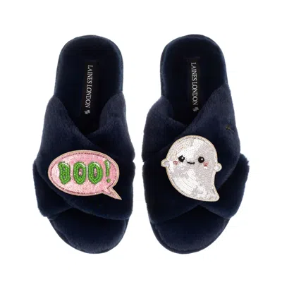 Laines London Women's Blue Classic Slippers With Limited Edition Laines Lovables Boo The Ghost Halloween Brooches 