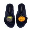 Laines London Women's Blue Classic Slippers With Limited Edition Laines Lovables Pumpkin & Cauldron Halloween Broo In Blue