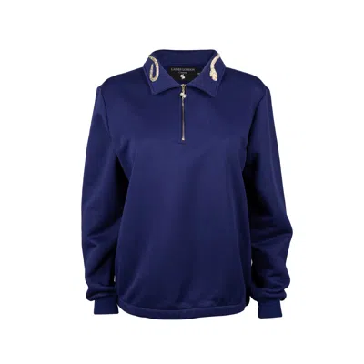 Laines London Women's Blue Laines Couture Navy Quarter Zip Sweatshirt With Embellished Crystal & Pearl Snake