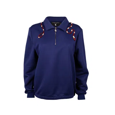 Laines London Women's Blue Laines Couture Navy Quarter Zip Sweatshirt With Embellished Red Wrap Around Snake