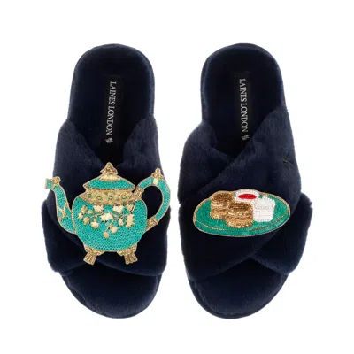 Laines London Women's Blue Laines X Juliet Slippers With Tea & Scones Brooches - Navy