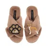 Laines London Women's Blue / Neutrals Classic Laines Slippers With Paw & Fawn & White Italian Greyhound Brooches - In Multi