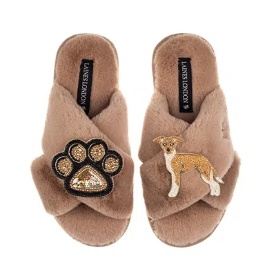 Laines London Women's Blue / Neutrals Classic Laines Slippers With Paw & Fawn & White Italian Greyhound Brooches - In Multi