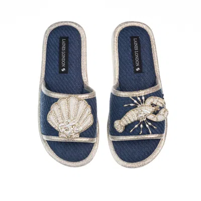 Laines London Women's Blue Straw Braided Sandals With Beaded Shell & Lobster Brooches - Navy